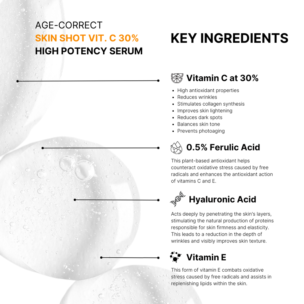 Skin Shot Vitamina C 30% | Siero Viso Ultra Potente con Acido Ferulico 0,5%, Acido Ialuronico e Vitamina E | Antiossidante, Uniformante e Anti-Macchie | 15ml | Made in Italy